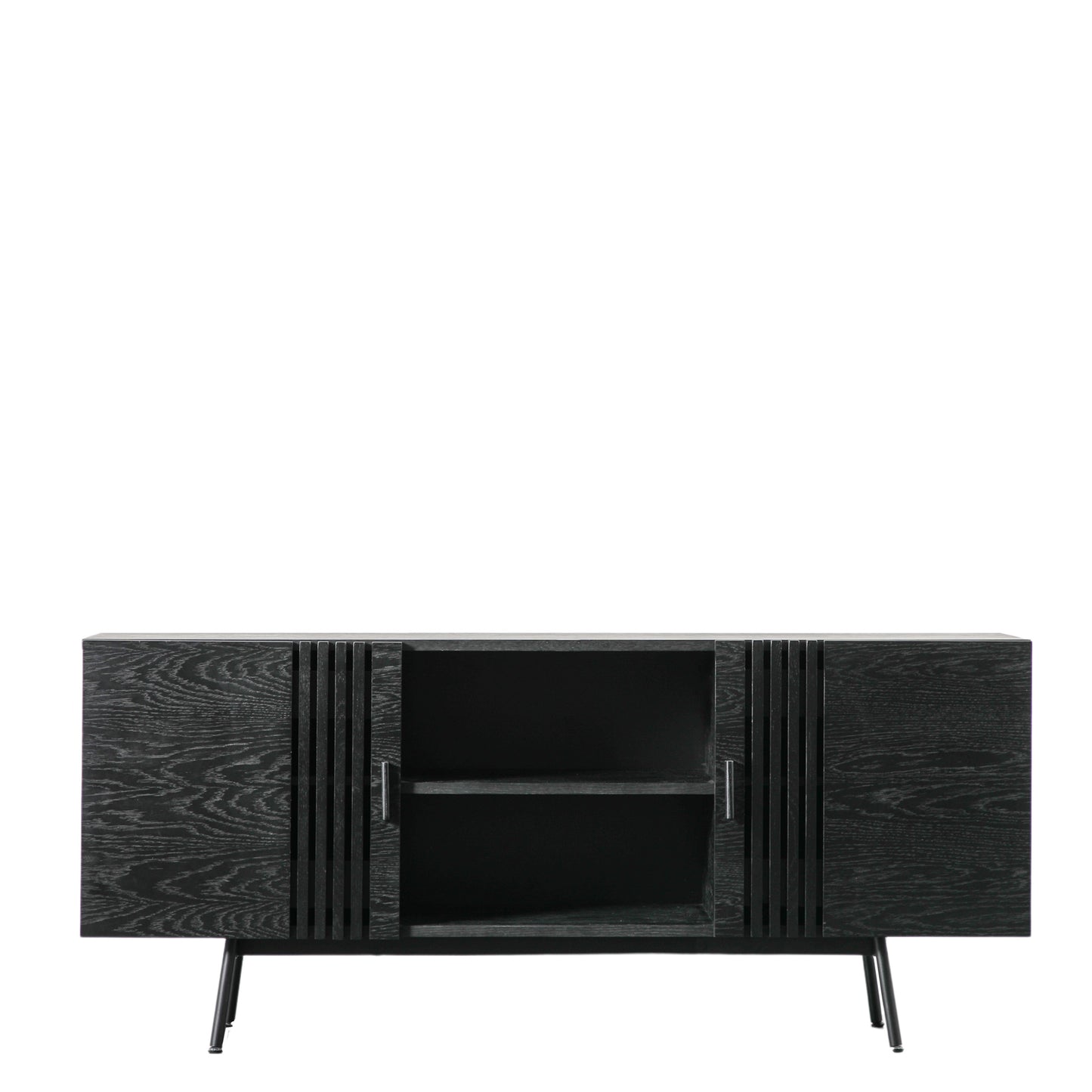 A black Holston Sideboard with shelves and drawers for home furniture.