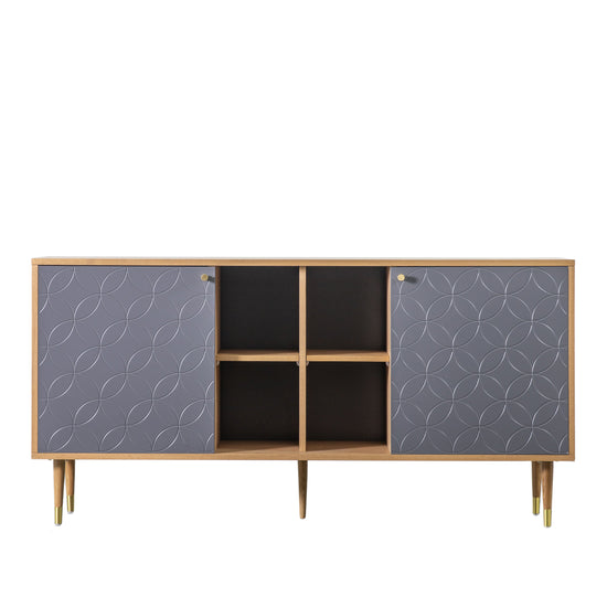 A Newbury Sideboard Oak Grey 1600x400x790mm with a geometric pattern and wooden legs for interior decor.
