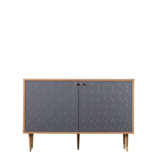 A Newbury 2 Door Cabinet Oak Grey 1200x400x790mm with a geometric pattern and wooden legs, perfect for interior decor.