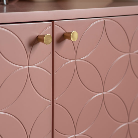 Load image into Gallery viewer, A pink 2 door cabinet for interior decor/home furniture with gold knobs and handles.
