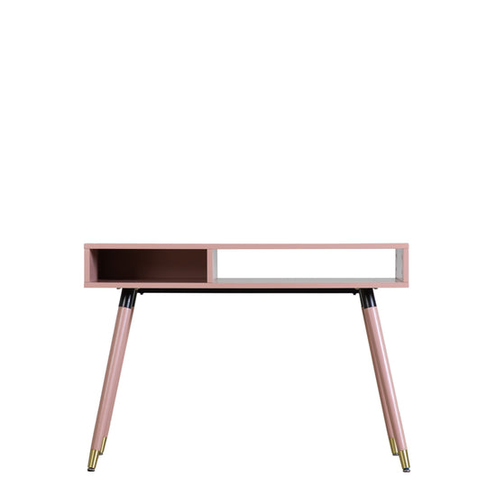 A pink console table with two drawers for home furniture and interior decor.