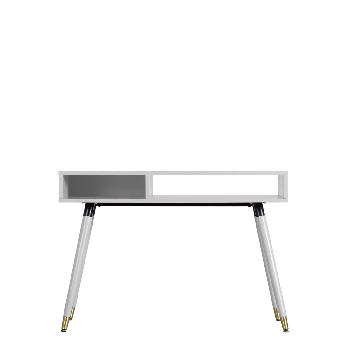 A Thurlestone Console Table White 1100x450x770mm with gold legs on a white background for interior decor or home furniture.