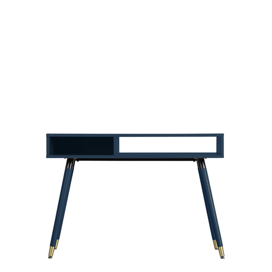 A Thurlestone Console Table Blue 1100x450x770mm with gold legs and a drawer for interior decor.