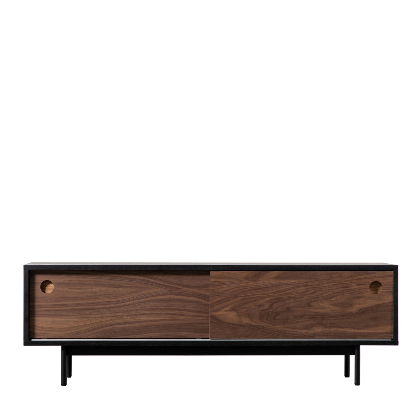 A Barbican Media Unit 1400x400x450mm TV stand with two drawers and black legs for interior decor at Kikiathome.co.uk.
