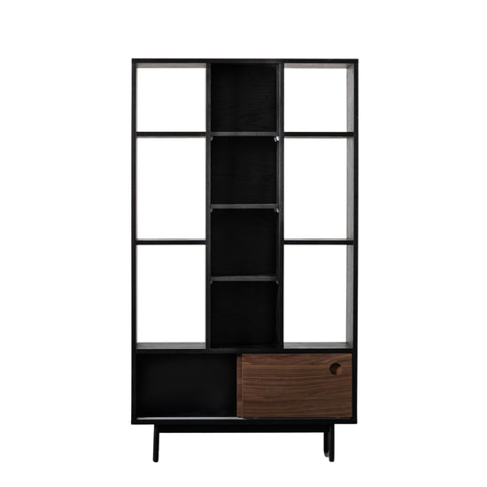A Kikiathome.co.uk Barbican Display Unit 900x300x1600mm for home furniture and interior decor with glass doors and a wooden drawer.