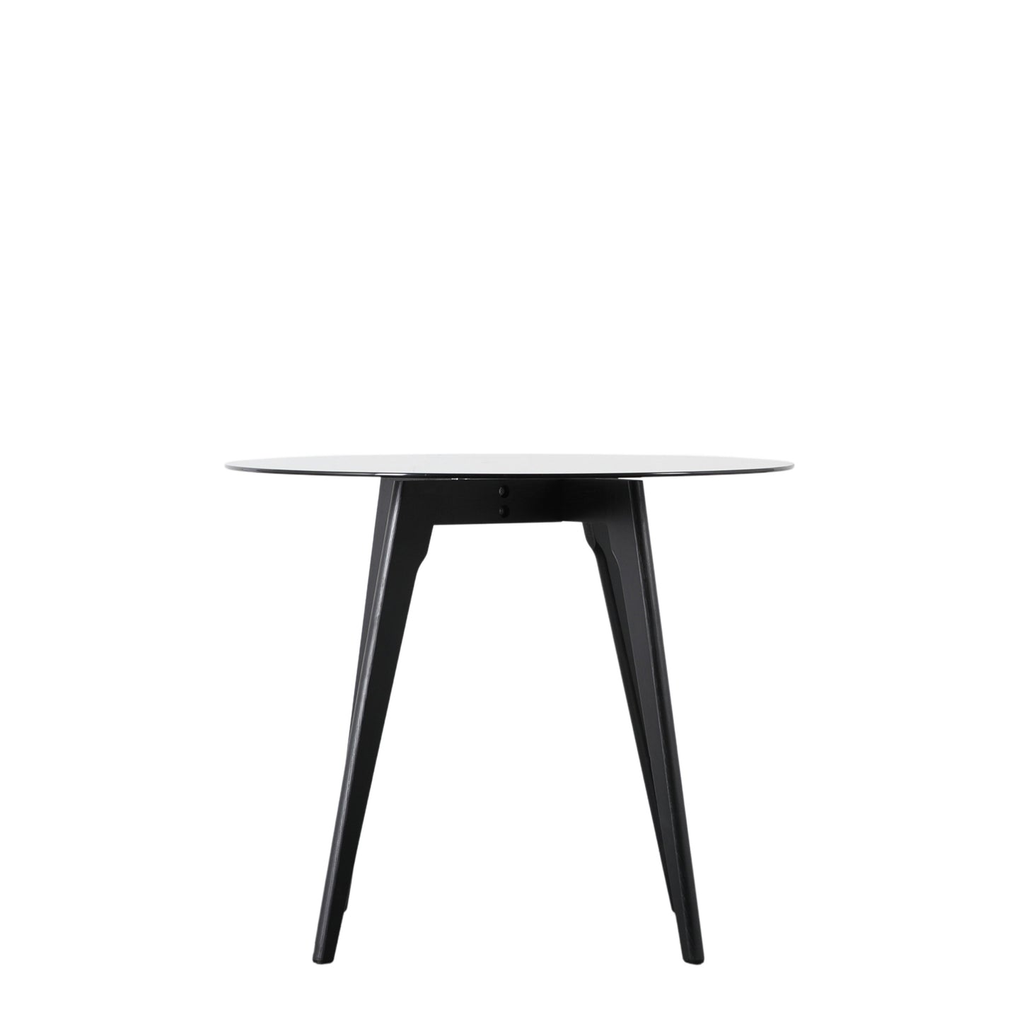 A Kikiathome.co.uk Ashprington Round Dining Table Black 900x900x750mm with black legs and a glass top for interior decor.
