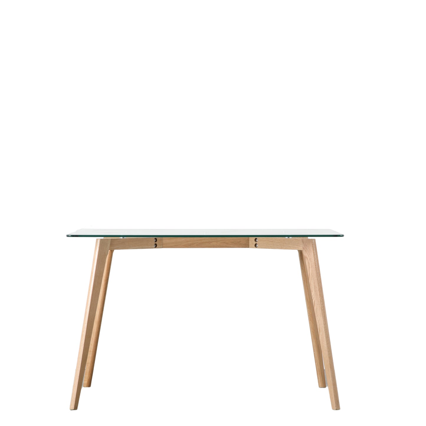 A home furniture piece, the Kikiathome.co.uk Ashprington Rectangle Dining Table Oak 1200x800x750mm, features a glass top and wooden legs for interior decor.