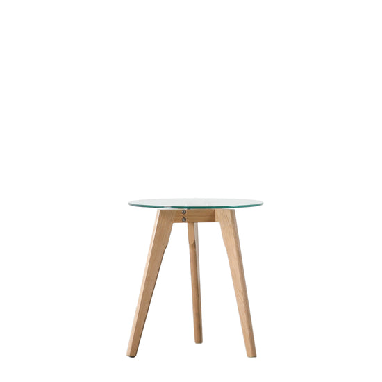 An Ashprington Round Side Table Oak 450x450x500mm with a glass top and wooden legs, perfect for interior decor and home furniture enthusiasts, available at Kikiathome.co.uk