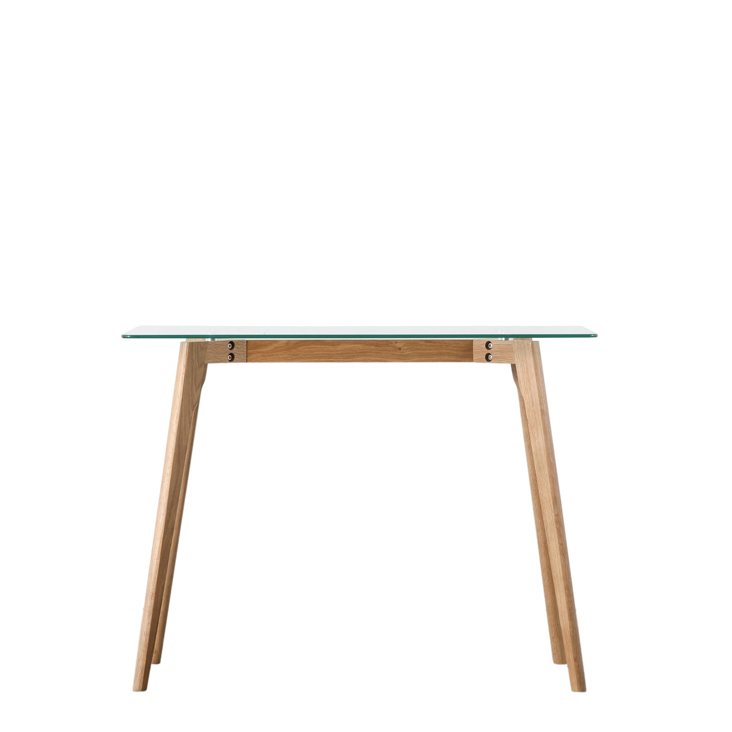 An oak desk with a glass top and wooden legs, perfect for home furniture and interior decor.