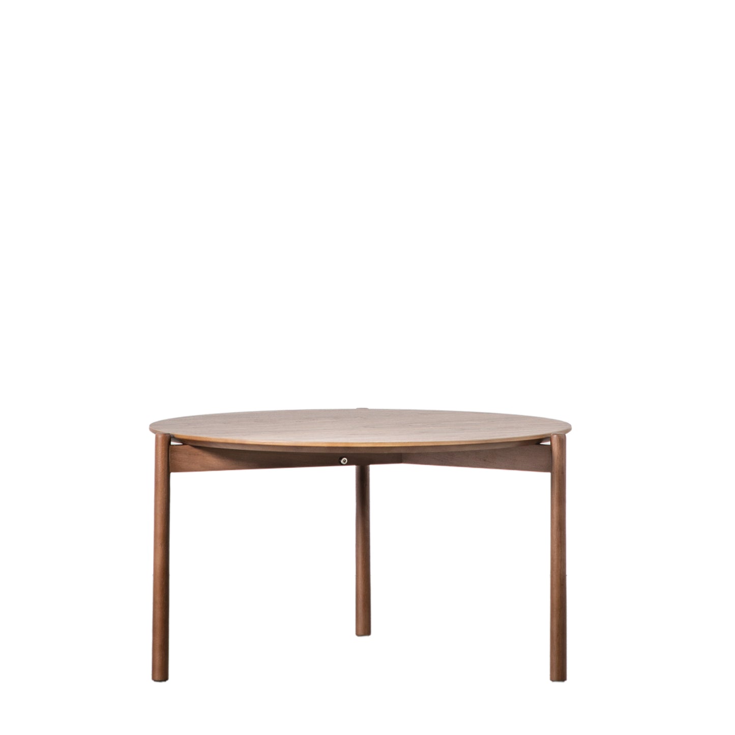 A round Allington Coffee Table Walnut 700x700x400mm from Kikiathome.co.uk, featuring a wooden base and a glass top, perfect for enhancing interior decor.