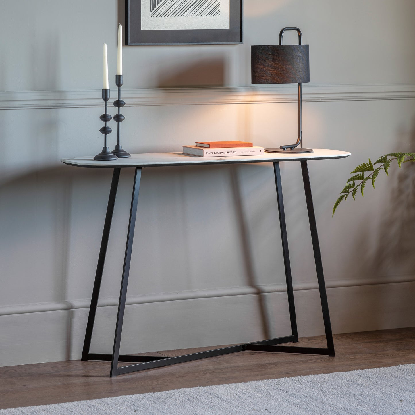Load image into Gallery viewer, A Finsbury console table with black legs adorned with an interior decor lamp from Kikiathome.co.uk.
