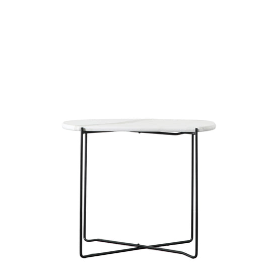 A white marble Linford Side Table with a black metal frame for interior decor.