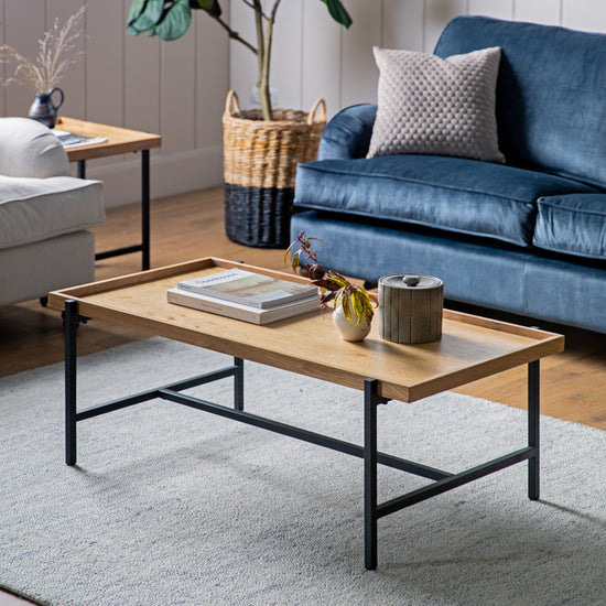 A living room with a blue couch and a Torrington Coffee Table 1100x600x400mm from Kikiathome.co.uk, featuring stylish interior decor and elegant home furniture.
