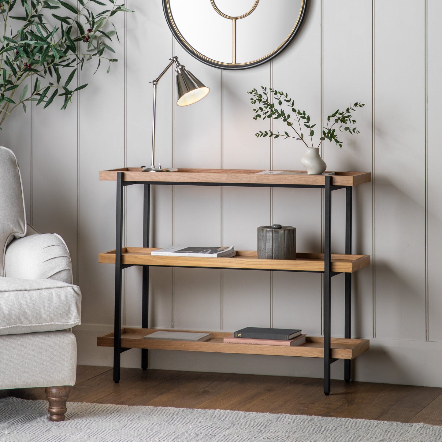 A Torrington Open Display Unit Small 1000x300x790mm from Kikiathome.co.uk in a living room with interior decor.