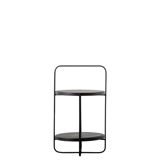A Lutton Side Table Black 425x425x720mm with two shelves for interior decor.