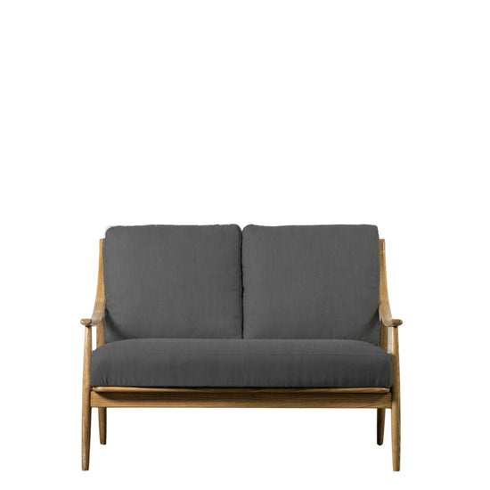 A Reliant 2 Seater Sofa Dark Grey Linen with wooden legs for interior decor.