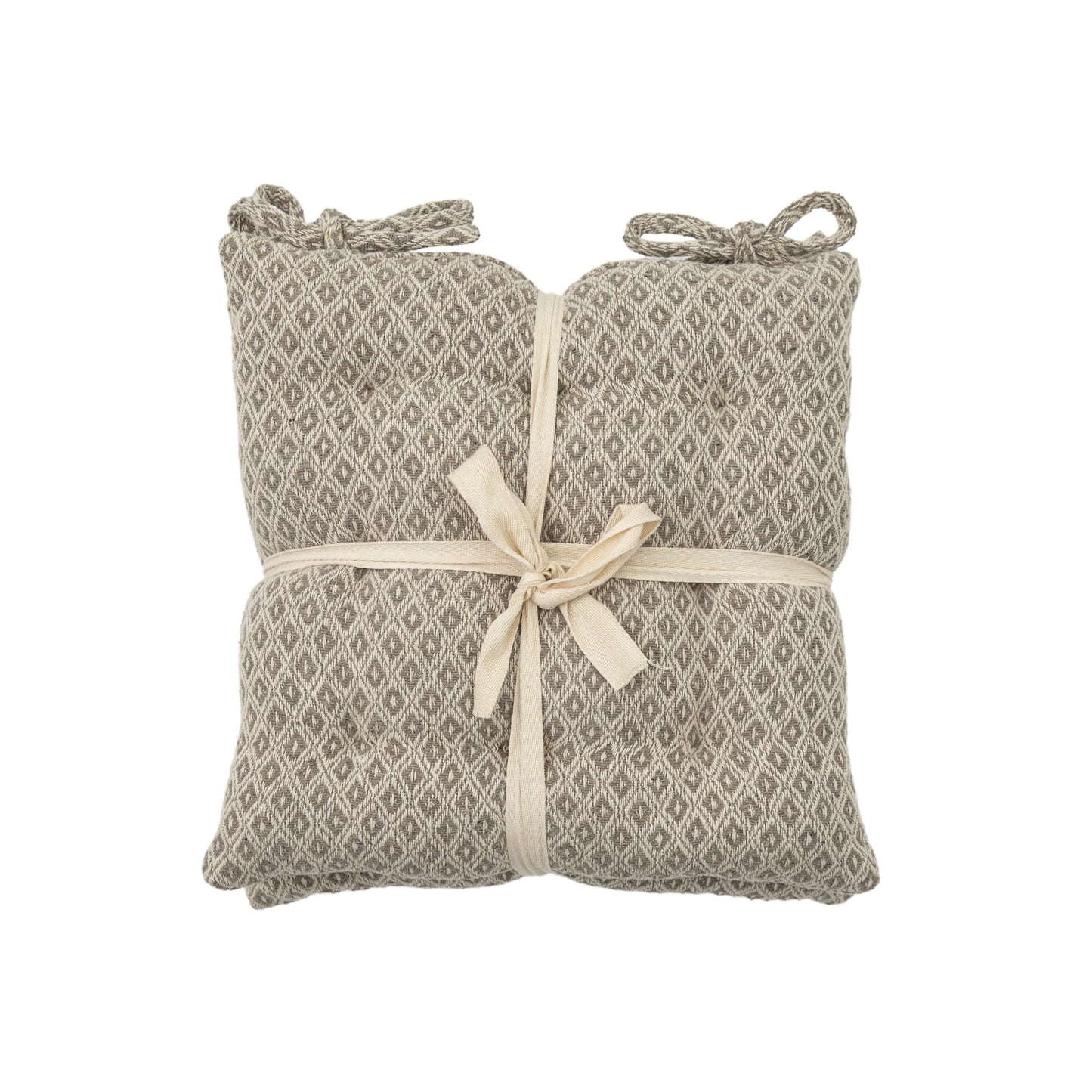 A pair of SG Recy Cott Geo Seatpad Taupe 430x430mm (2pk) pillows with a ribbon tied around them, perfect for interior decor.