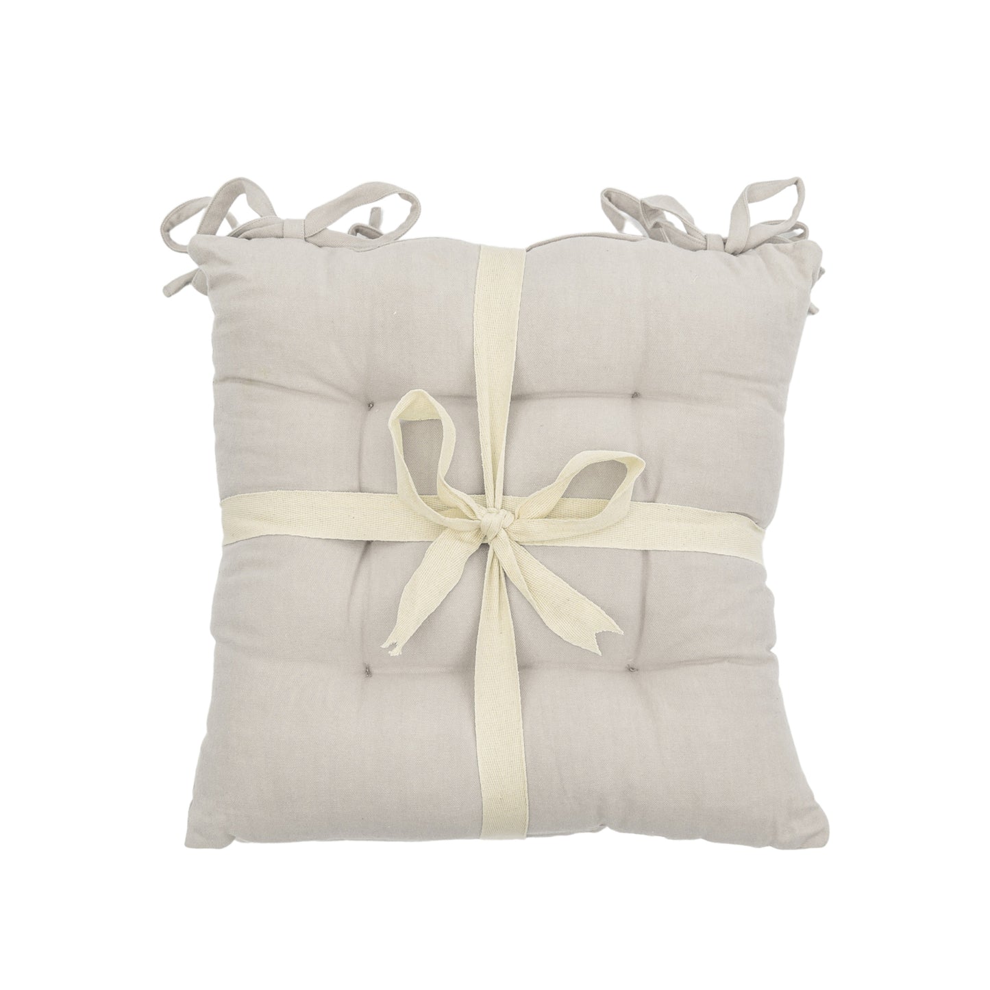 A SC Plain Cotton Seatpad Natural 430x430mm (2pk) seat cushion from Kikiathome.co.uk with an interior decor ribbon tied around it.