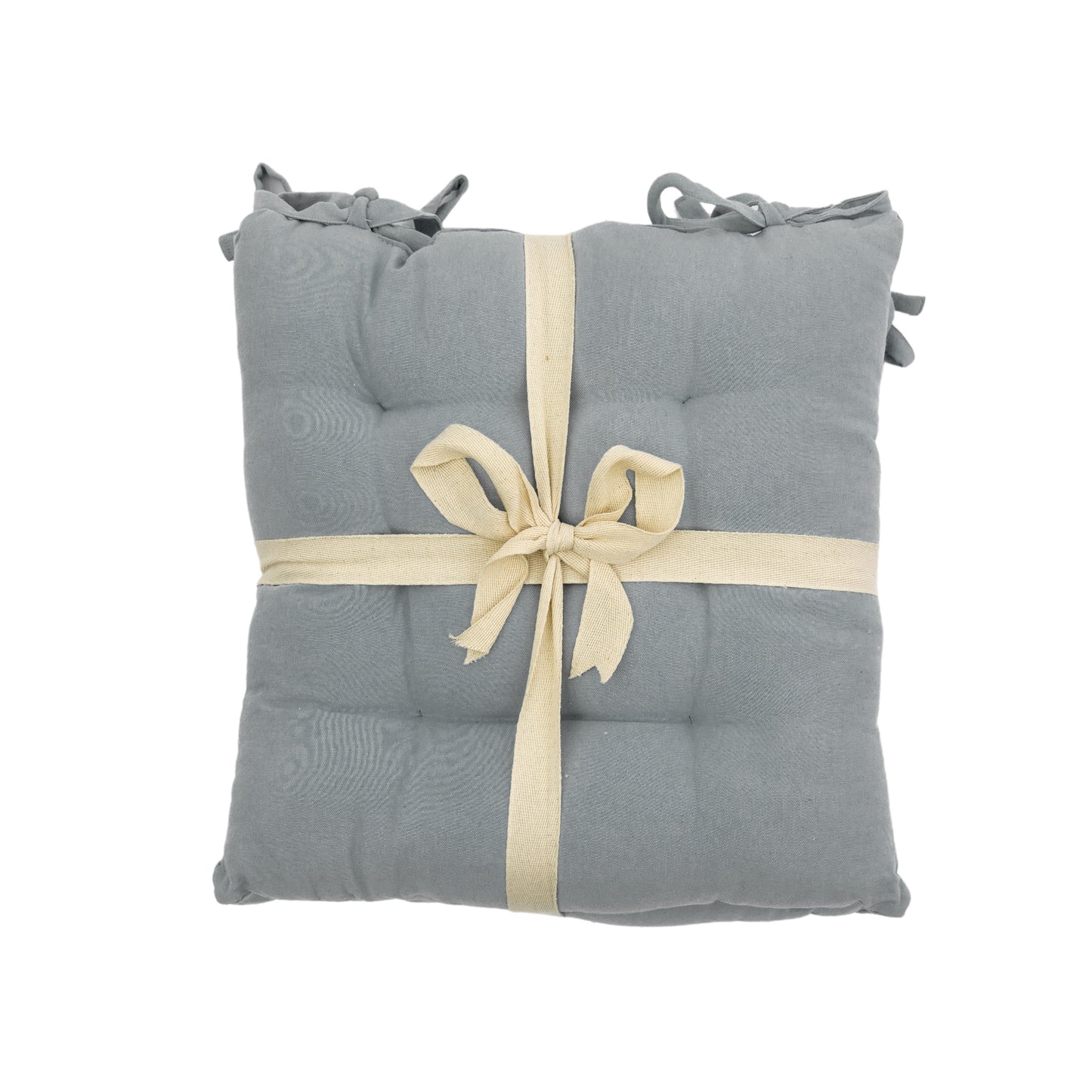 A SC Plain Cotton Seatpad Grey 430x430mm (2pk) with a ribbon tied around it for home furniture and interior decor.