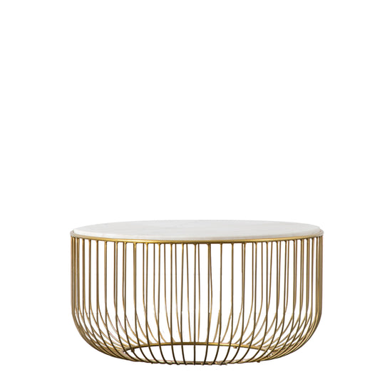 A gold coffee table with a marble top perfect for interior decor.