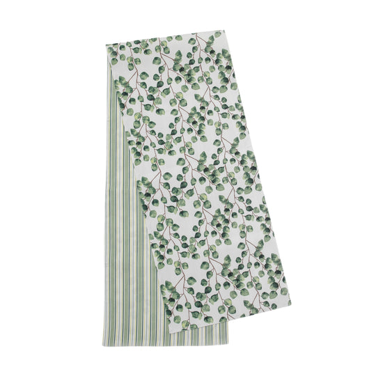 Eucalyptus reversible table runner with tea towel features for interior decor.