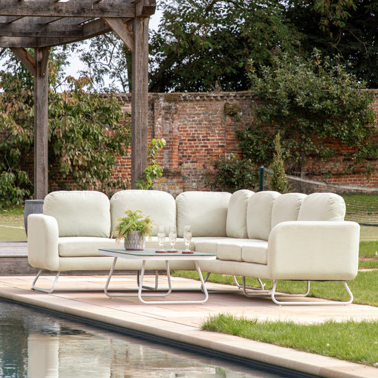 A Topsham Corner Lounge Set Linen from Kikiathome.co.uk for home furniture and interior decor in a garden near a pool.
