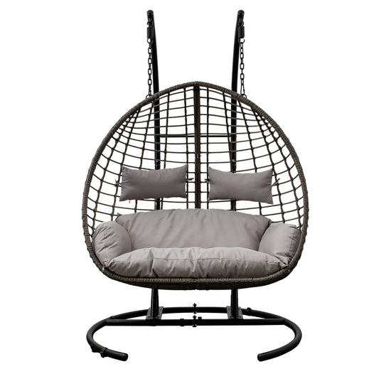A stylish Woodleigh Hanging 2 Seater Chair with grey cushions and a black frame perfect for interior decor.