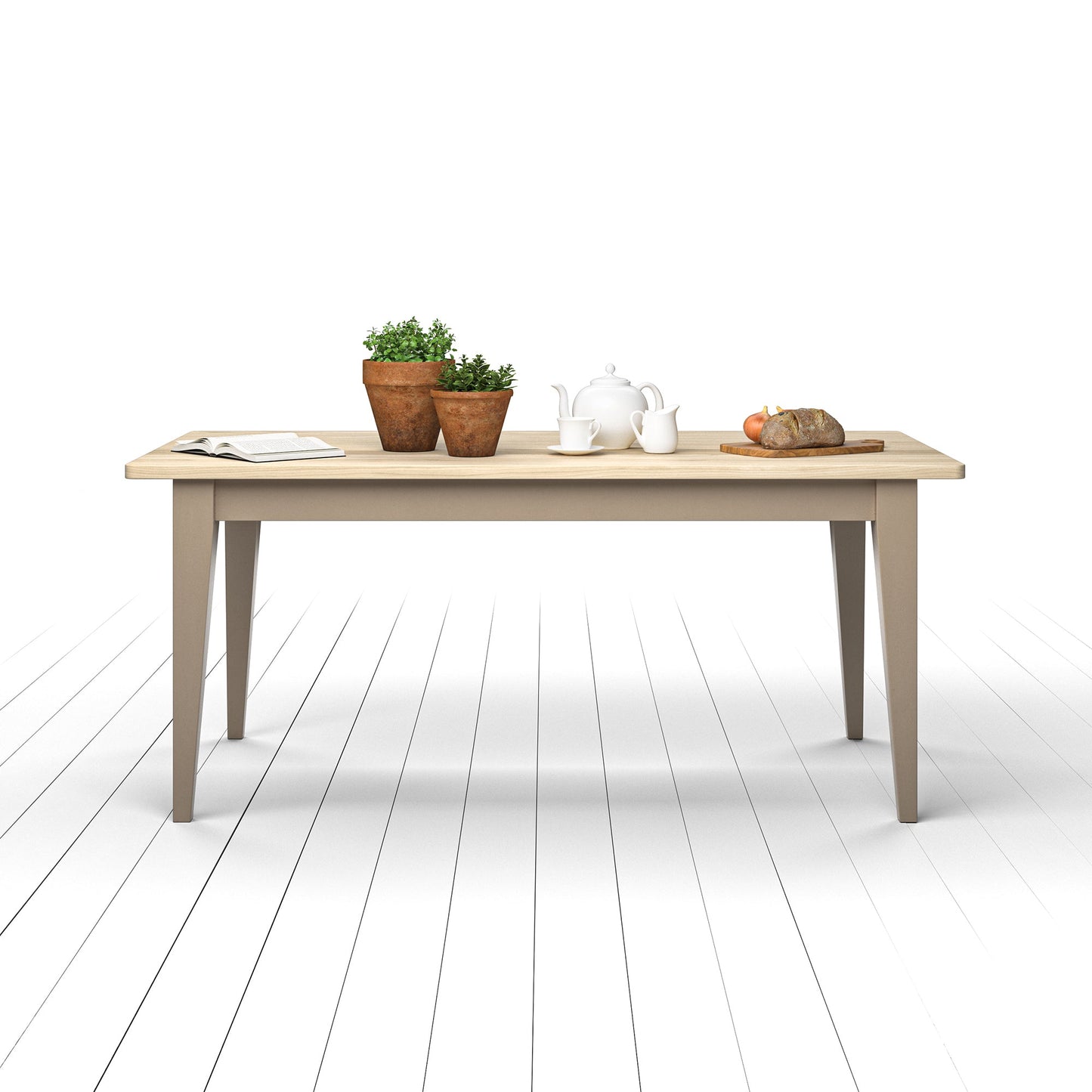 A Kiki Ash Farmhouse Table with a potted plant for interior decor.